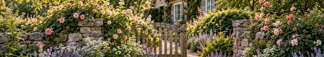 Romantic English cottage garden entrance with timber gate between stone walls covered in roses