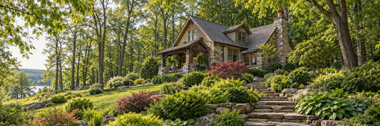 Woodland stone cottage above a landscaped hillside with natural stone steps and mature trees