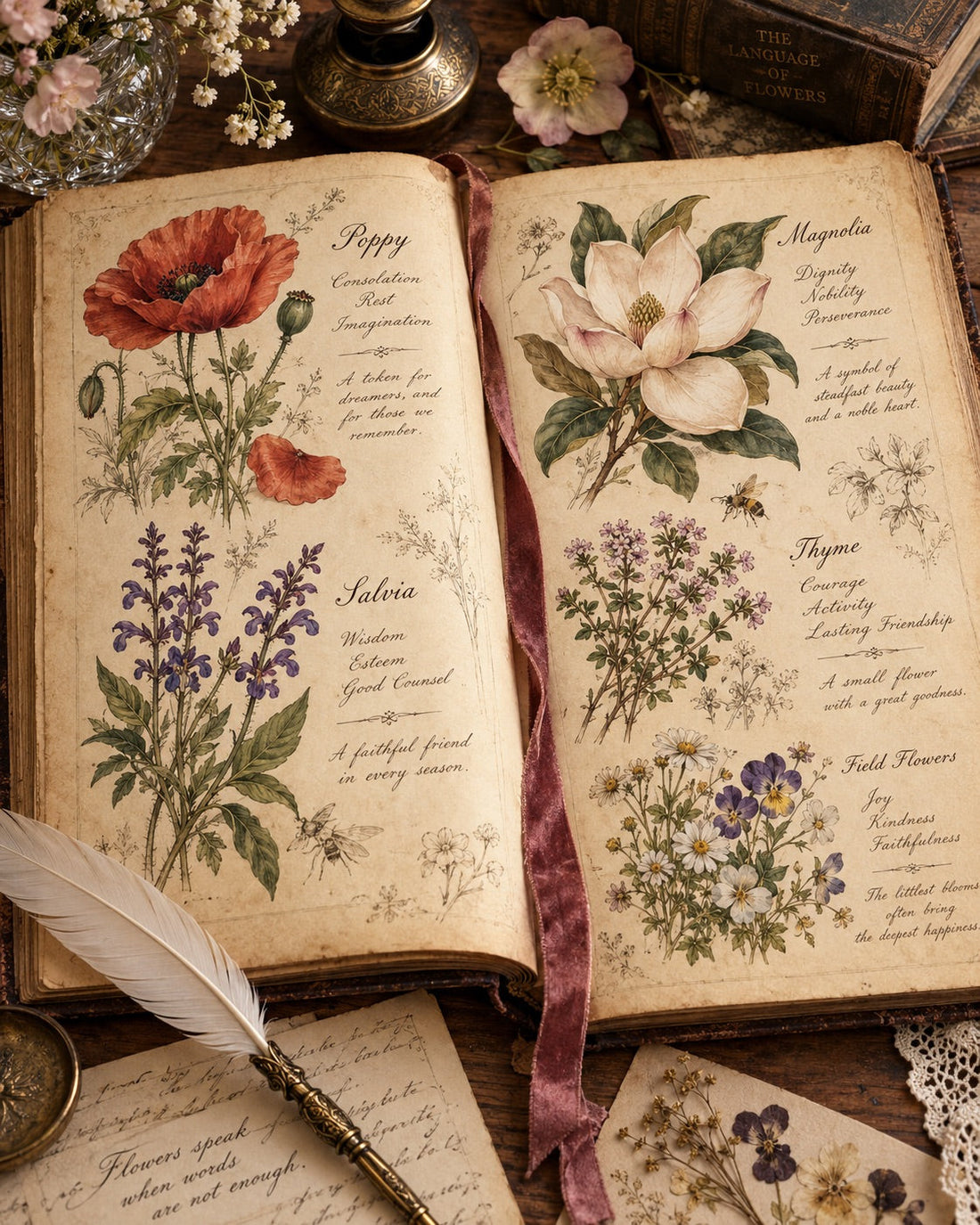 Flowers representing Victorian floriography and traditional flower meanings
